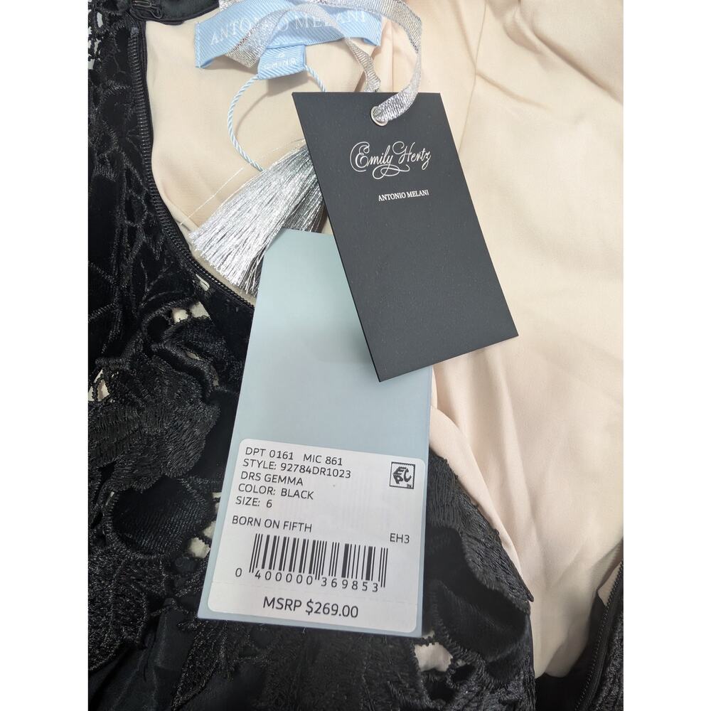 NWT@$269! ANTONIO MELANI/EMILY HERTZ! BLACK FLORAL LACE, RAW SATIN DRESS! SZ 6 - Picture 10 of 16